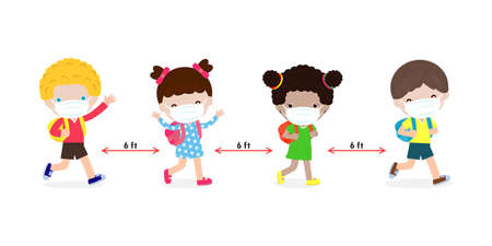 Back to school for new normal lifestyle concept. happy kids wearing face mask and social distancing protect coronavirus covid 19, group of children and friends go to school isolated on backgroundのイラスト素材