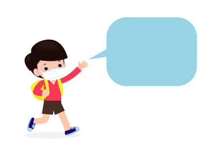 Back to school for new normal lifestyle concept, little boy with talking speech bubbles and wearing a surgical protective Medical mask for prevent coronavirus or covid 19 isolated on white backgroundのイラスト素材