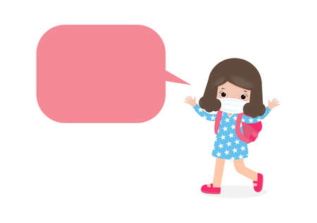 Back to school for new normal lifestyle concept, little girl with talking speech bubbles and wearing a surgical protective Medical mask for prevent coronavirus or covid 19 isolated on white backgroundのイラスト素材