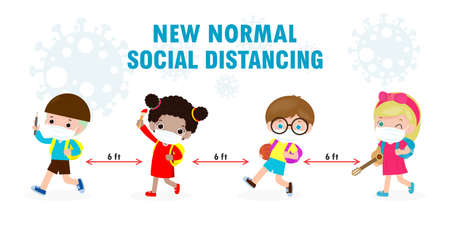 Back to school for new normal lifestyle concept. happy kids wearing face mask and social distancing protect coronavirus covid 19, group of children and friends go to school isolated on backgroundのイラスト素材