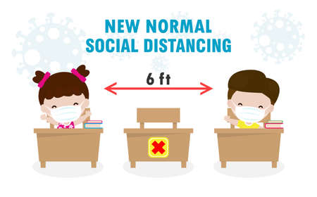 Back to school for new normal lifestyle social distancing in class room Concept, Prevention tips infographic of coronavirus 2019 nCoV.little boy and girl wearing mask Sitting on the desk in classroomのイラスト素材