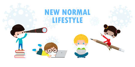 Back to school for new normal lifestyle concept. happy group of kids wearing face mask and social distancing protect coronavirus covid 19, children and friends go to school isolated on backgroundのイラスト素材