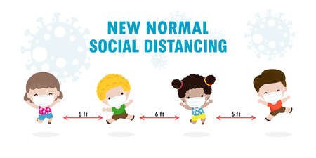 Back to school for new normal lifestyle concept. happy kids wearing face mask and social distancing protect coronavirus covid 19, group of children and friends go to school isolated on backgroundのイラスト素材
