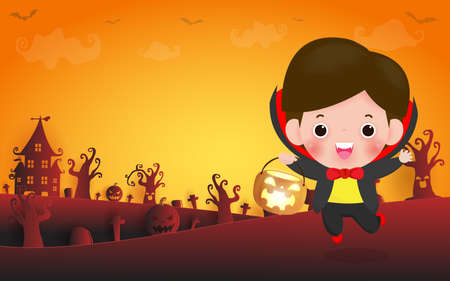 Happy Halloween, Cute Little Dracula Vampire holding pumpkin, Template for advertising brochure. greeting card party poster and theme design background, paper art and craft style Vector Illustrationのイラスト素材