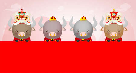 Happy Chinese new year 2021 of the ox zodiac poster design with Cute little cow holding sign and lion dance, the year of the ox greeting card holidays isolated Background, Translation: Happy New Yearのイラスト素材