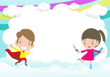 Superhero kids advertising background,Template for advertising brochure, your text ,Cute little Super hero Children and frame, child hero and copy space isolated on background vector illustrationのイラスト素材