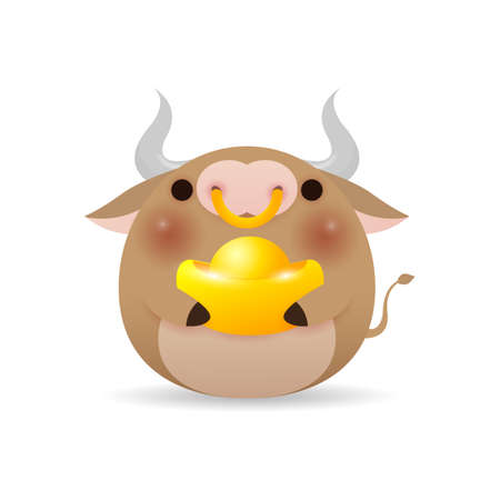 Happy Chinese new year 2021, cute Little cow holding Chinese gold, the year of the ox zodiac, Cartoon vector illustration isolated on white background.のイラスト素材