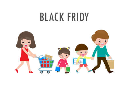 Black Friday Sale Event, Happy family shopping, parents and children with purchases on cart, Big sale. Purchasing of goods and gifts. Shopping concept isolated on white Vector illustrationのイラスト素材