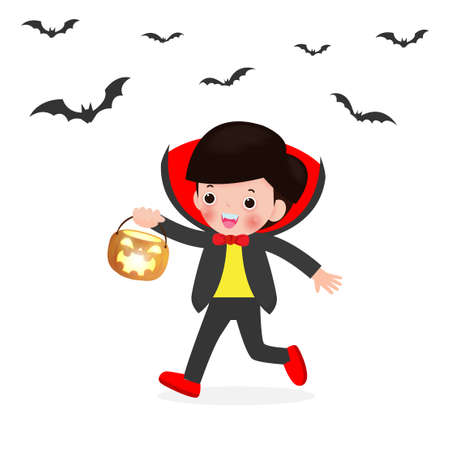 Happy Halloween. Cute Little Dracula Vampire holding pumpkin and flying bats, children in Halloween costume isolated on white background. Kid Costume Party Vector illustration.のイラスト素材