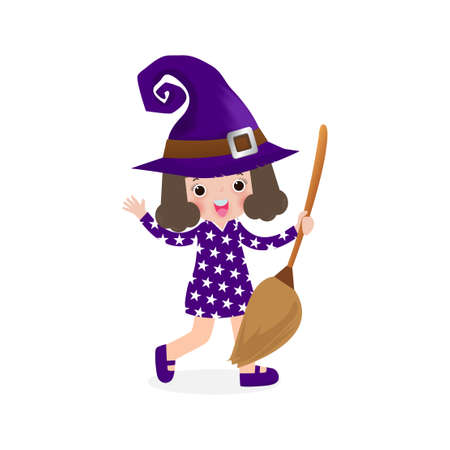 Happy Halloween. Cute little witch. Girl kid in Halloween costume isolated on white background. Kid Costume Party Vector illustration.のイラスト素材