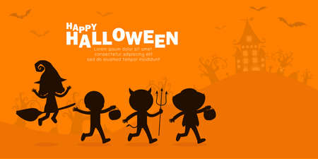 Happy halloween party poster, Cute Little group kids silhouette dressed in Halloween fancy dress to go Trick or Treating, banner background, Template for advertising brochure Vector Illustrationのイラスト素材