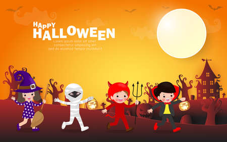 Happy halloween party poster, Cute Little group kids dressed in Halloween fancy dress to go Trick or Treating, paper art banner background, Template for advertising poster brochure Vector Illustrationのイラスト素材