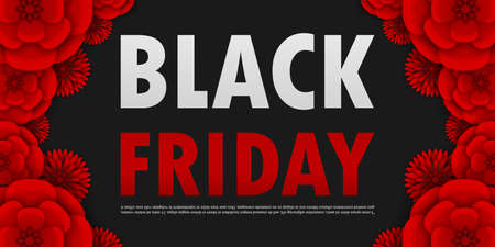 Black Friday Sale Promotion Poster or banner black paper flowers, Big Sale Event Promo and shopping template isolated on black and red background paper cut style vector illustrationのイラスト素材
