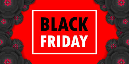 Black Friday Sale Promotion Poster or banner black paper flowers, Big Sale Event Promo and shopping template isolated on black and red background paper cut style vector illustrationのイラスト素材