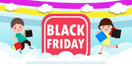 Black Friday Sale Event People Characters cartoon with Shopping Bag jumping on sky and Cloud, Advertising Poster Banner Big Discount Promo Concept isolated background vector illustrationのイラスト素材