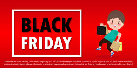 Black Friday Sale Event People Characters cartoon with Shopping Bag, Advertising Poster Banner Big Discount Promo Concept isolated on red background vector illustrationのイラスト素材