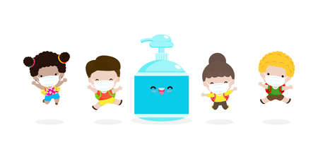 Back to school for new normal lifestyle concept. happy students Cute kids wearing face mask and alcohol gel or Hand wash gel and social distancingのイラスト素材