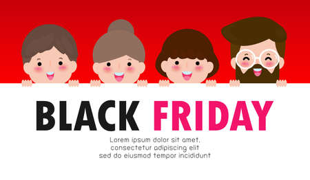 Black Friday Sale Event, shopping concept group of people holding big signs, Advertising Poster Banner shop Big Discount Promo Sale Event vector illustration isolated on backgroundのイラスト素材
