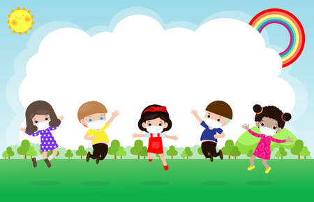 Back to school for new normal lifestyle concept. happy group kids wearing face mask and social distancing protect coronavirus covid-19 jumping on meadow at school isolated on background illustrationのイラスト素材