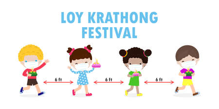 Loy Krathong Festival for new normal coronavirus or covid 19 with set of cute Thai children costume dress wear face mask and holding krathong Celebration and Culture of Thailand vector backgroundのイラスト素材