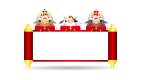 Happy Chinese new year 2021 of the ox zodiac poster design with ox, firecracker and lion dance with Chinese scroll. the year of the ox greeting card isolated on Background, Translation Happy New Year.のイラスト素材