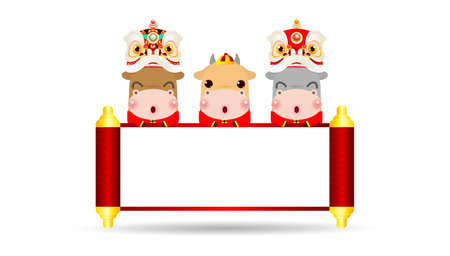 Happy Chinese new year 2021 of the ox zodiac poster design with ox, firecracker and lion dance with Chinese scroll. the year of the ox greeting card isolated on Background, Translation Happy New Year.のイラスト素材