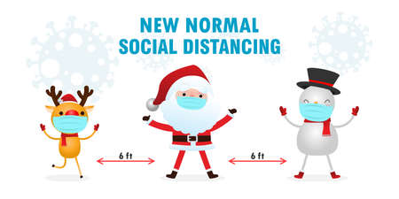 Merry Christmas for new normal lifestyle concept and social distancing, Christmas cartoon character. Santa Claus, snowman and reindeer with surgical mask protect coronavirus covid-19  isolated vectorのイラスト素材
