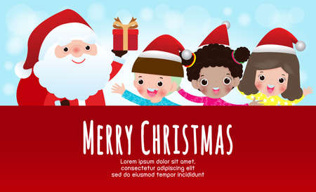 Merry Christmas and Happy new year poster, cheerful group of children wearing christmas hats and santa claus with big sign board in Christmas snow scene winter banner, Xmas holiday party conceptのイラスト素材