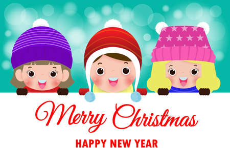 Merry Christmas and Happy new year poster, cheerful Group of happy kids wearing christmas hats santa claus with big sign board in Christmas snow scene winter banner, Xmas holiday party concept vectorのイラスト素材