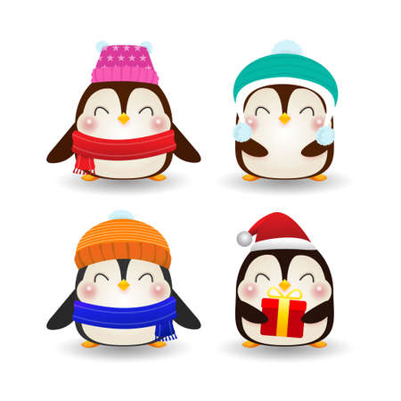 Merry Christmas and Happy new year poster, Group of happy penguin wearing christmas hats santa claus with Christmas gifts isolated on white background Vector illustrationのイラスト素材