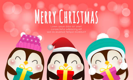 Merry Christmas and Happy new year poster, Group of happy penguin wearing christmas hats santa claus with Christmas gifts in snow scene winter banner, Xmas holiday party concept vector illustrationのイラスト素材