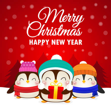 Merry Christmas and Happy new year poster, Group of happy penguin wearing christmas hats santa claus with Christmas gifts in snow scene winter banner, Xmas holiday party concept vector illustrationのイラスト素材