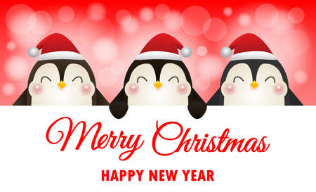 Merry Christmas and Happy new year poster, cheerful group of penguin wearing christmas hats holding big sign board in Christmas snow scene winter banner, Xmas holiday party concept isolated backgroundのイラスト素材