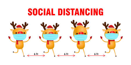 Merry Christmas for new normal lifestyle concept and social distancing, Christmas cartoon character. group of reindeer with surgical mask protect coronavirus covid-19  isolated vectorのイラスト素材