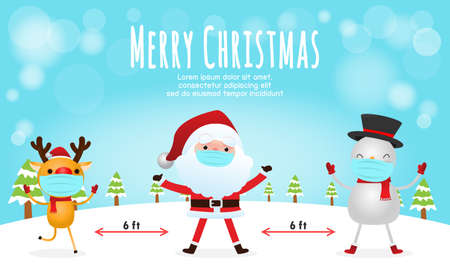 Merry Christmas for new normal lifestyle concept and social distancing, Christmas cartoon character. Santa Claus, snowman and reindeer with surgical mask protect coronavirus covid-19  isolated vectorのイラスト素材
