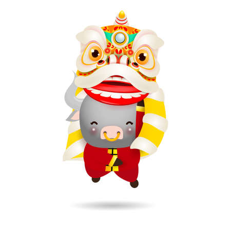Happy Chinese new year 2021 the year of the ox, cute Little cow performs Lion Dance, greeting card zodiac Cartoon vector illustration isolated on white background.のイラスト素材