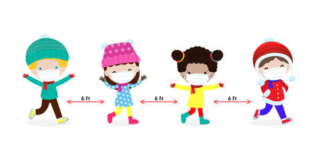 Merry Christmas and Happy new year for new normal lifestyle concept. happy kids in winter costume wearing face mask and social distancing protect coronavirus covid 19, isolated on background  vectorのイラスト素材