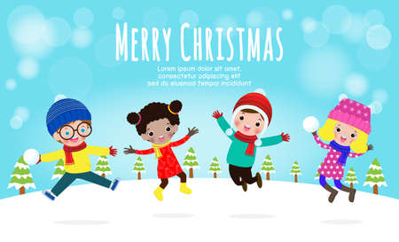Merry Christmas and Happy new year, vector Illustration in of kids playing outdoors in winter isolated on white background in snow scene winter banner, Xmas holiday partyのイラスト素材