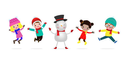 Merry Christmas and Happy new year, vector Illustration in collection of kids with snowman in winter costume isolated on white backgroundのイラスト素材