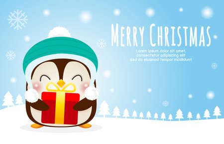 Merry Christmas and Happy new year poster, cute of happy penguin wearing christmas hats santa claus with Christmas gifts in snow scene winter banner, Xmas holiday party concept vector illustrationのイラスト素材