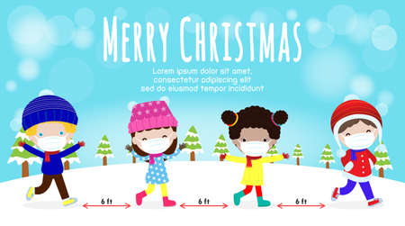 Merry Christmas and Happy new year for new normal lifestyle concept. happy kids in winter costume wearing face mask and social distancing protect coronavirus covid 19, isolated on background  vectorのイラスト素材