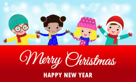 Merry Christmas and Happy new year poster, cheerful Group of happy kids wearing winter hats santa...