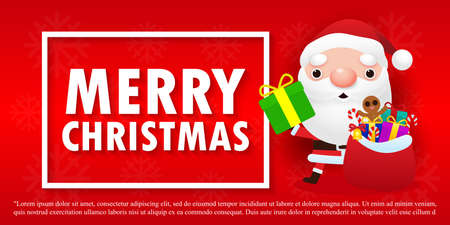 Merry Christmas and happy new year greeting card with cute Santa Claus with gift box, cartoon character in Christmas snow scene winter banner, Xmas holiday concept isolated on backgroundのイラスト素材