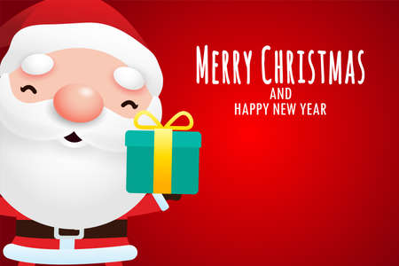 Merry Christmas and happy new year greeting card with cute Santa holding xmas gift and empty space for messages in red background  banner template copy Space isolated Vector Illustrationのイラスト素材