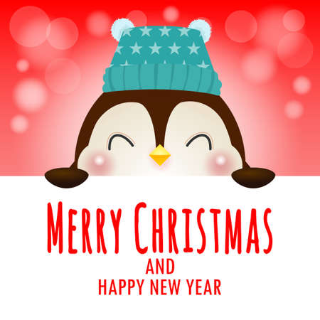 Merry Christmas and Happy new year poster, cheerful of penguin wearing christmas hats holding big sign board in Christmas snow scene winter banner, Xmas holiday party concept isolated backgroundのイラスト素材
