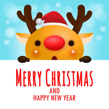 Merry Christmas and Happy new year, cheerful of reindeer wearing christmas hats holding big sign board in Christmas snow scene winter banner, Xmas holiday party concept isolated backgroundのイラスト素材