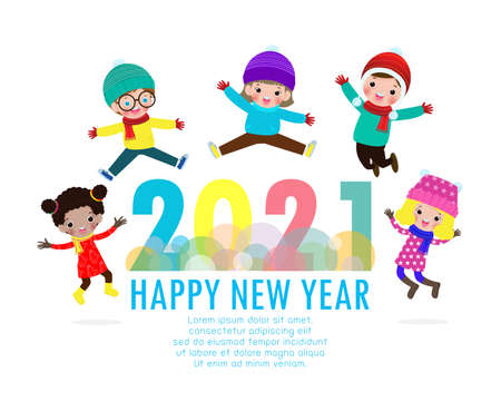 Happy New Year 2021 greeting card with group kids wearing winter hats and jumping, happy children with Happy new year, Colorful background Xmas holiday party Vector Illustrationのイラスト素材