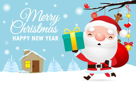 Merry Christmas and happy new year greeting card with cute Santa holding xmas gift and empty space for messages in winter background banner template copy Space isolated Vector Illustrationのイラスト素材