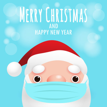 Merry Christmas and happy new year for new normal lifestyle concept and social distancing with cute Santa Claus , cartoon character in Christmas snow scene winter banner, Xmas holiday on backgroundのイラスト素材