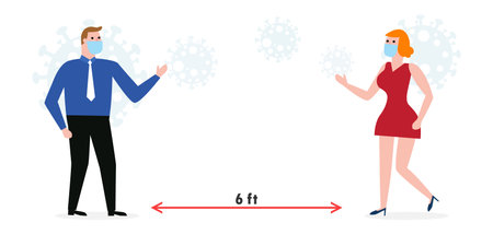 coronavirus prevention, Social Distancing, man and woman keeping distance for infection risk and disease, wearing surgical protective Medical mask for prevent virus Covid-19. Health care concept.のイラスト素材